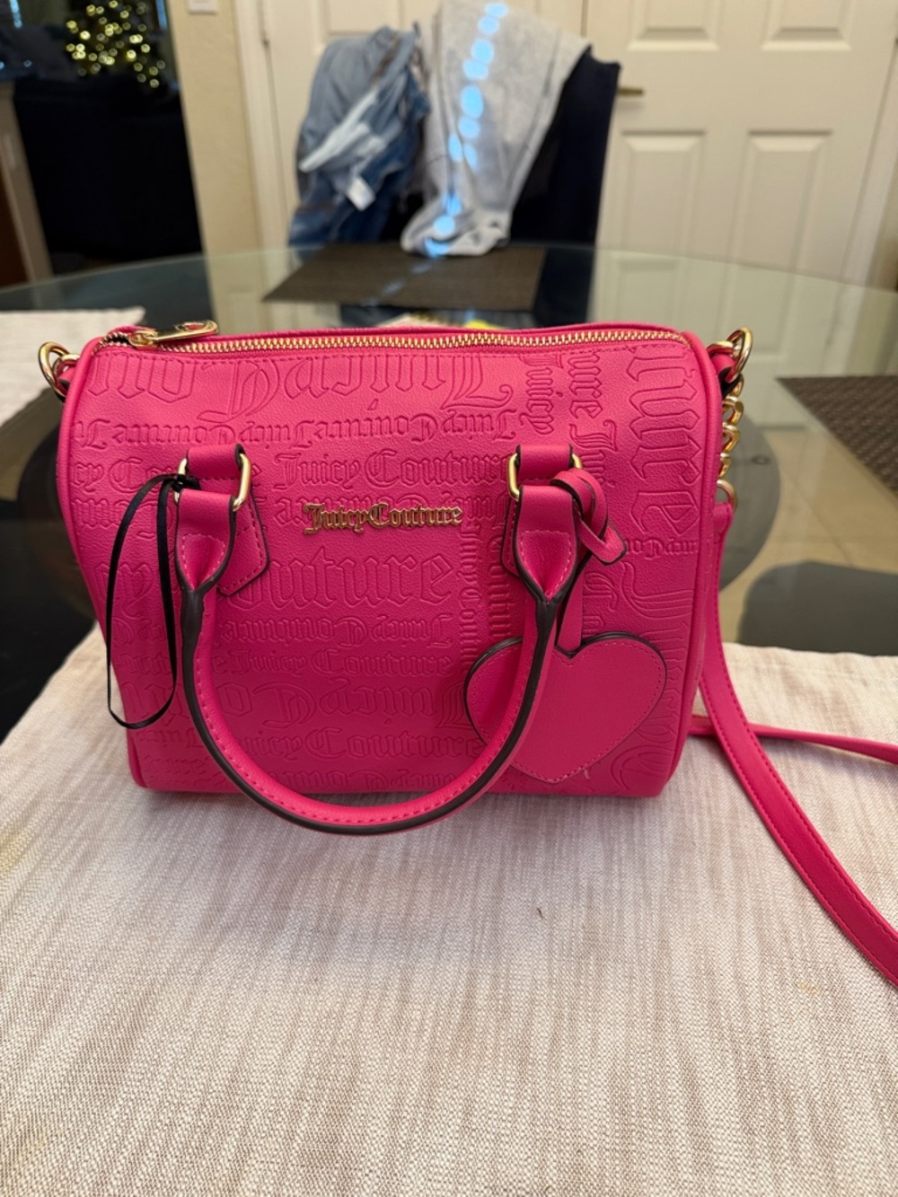 Juicy Couture Neon Pink Embossed Satchel with Heart Charm purse small